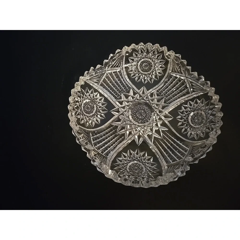 Antique American Brilliant Cut Glass Hobstar File Heavy Candy Bowl‎ Dish Estate
